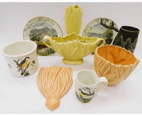 A collection of mixed ceramics to include; Portmeirion 'Bird' designed jars and vases, Sylvac pots, vases and wall pockets (y