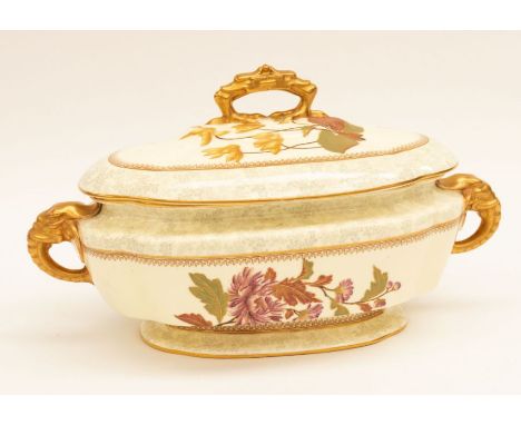 A large Royal Worcester tureen and cover with ornate floral and gilt paint, elephant headed handles on blush ivory ground, le