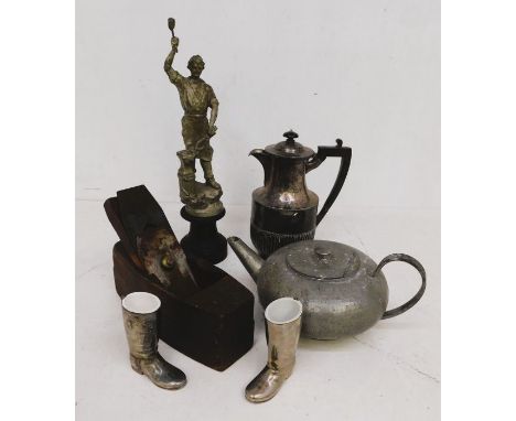 A collection of metal wares that includes: flat wares, condiments, metal tea sets, treen items and vintage tools including pl