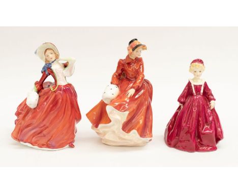 Two Royal Doulton lady figurines - 'Louise' and 'Autumn Breezes - together with Royal Worcester figurine 'Grandmother's Dress