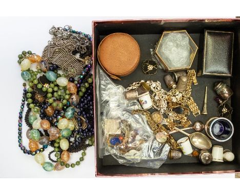 A quantity of costume jewellery, including vintage plastic beads, marcasite and coral suite earrings missing clips, enamel je