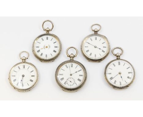 A collection of five ladies silver open faced pocket watches, all with white enamel dials, Roman numeral hour markers, includ