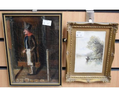 19th century primitive oil painting 'Old Man' and small framed watercolour