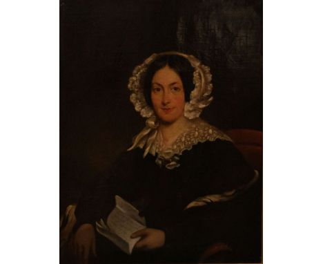English School (19th Century)Portrait of a lady seated holding a letteroil on canvas, 97 x 117cm, framers label verso: H.S.Fe