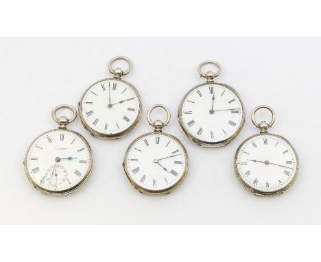 A collection of five silver open faced ladies pocket watches, all with white enamel dials, Roman numeral hour markers, chapte