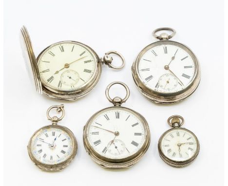 A collection of five silver pocket watches to include a hunter, two open faced pocket watches all key wind, two ladies pocket