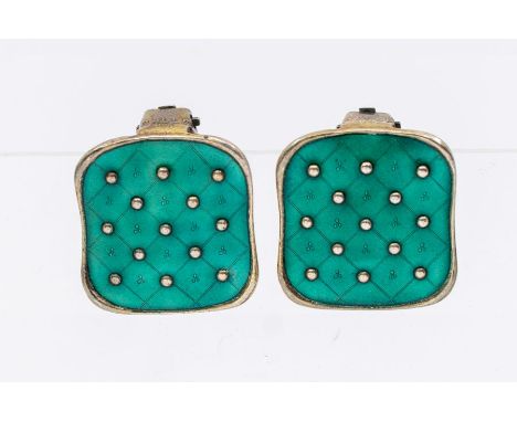 Oystein Balle- a pair of silver gilt and green guilloche enamel Norwegian earrings, cushion shaped form with green enamel che