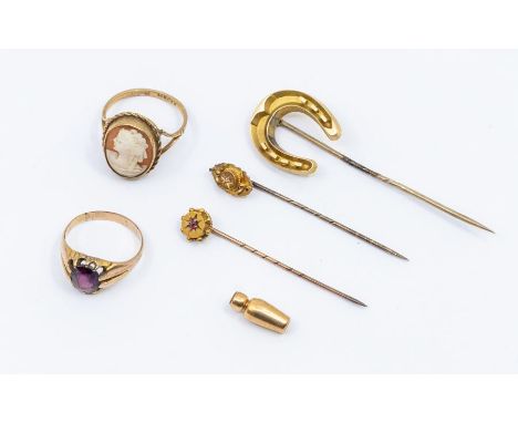 Two Victorian 9ct gold stick pins, set with diamond and ruby, (one top loose) along with a 9ct gold cameo ring, size Q, a pas