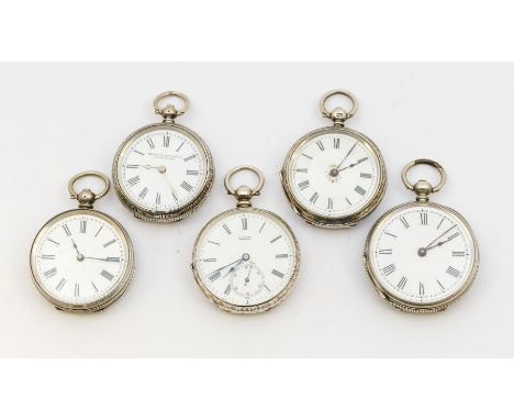 A collection of five ladies silver open faced pocket watches, all with white enamel dials, Roman numeral hour markers, includ