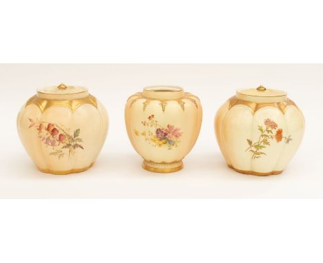 Three Royal Worcester blush ivory jars to include; a lidded porcelain jar in lobed form with floral and gilt decoration, date