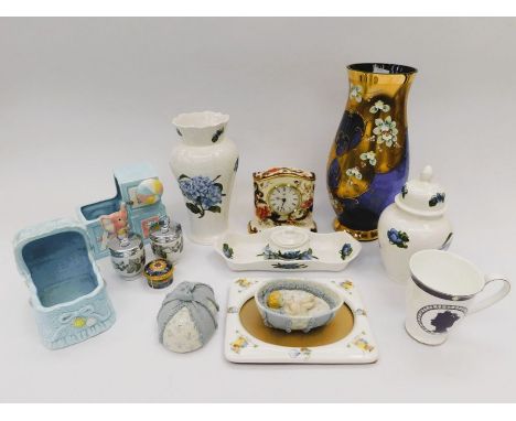 A collection of various ceramics and glass to include; A Masons Ironstone mantle clock, a large ceramic floral painted Made I