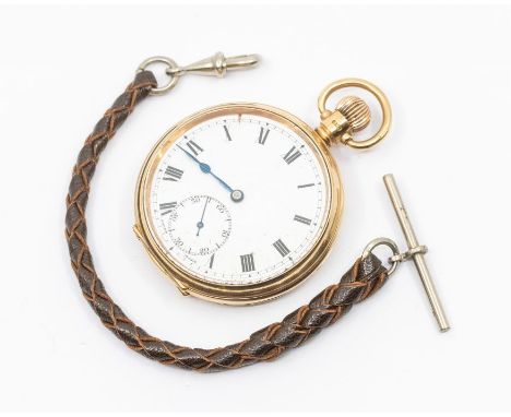 A 9ct gold pocket watch (small chip to dial) white enamel dial with roman numeral hour markers, subsidiary dial at 6, blue st