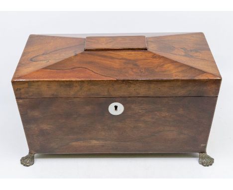 Victorian rose mahogany tea caddy. Sarcophagus shaped with two lift-out tea containers, cut-glass mixing bowl, red velvet int