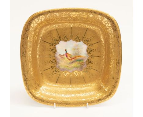 A late 20th century gilt Royal Worcester square table dish decorated with pheasants, signed by E. Townstil (small old chip to