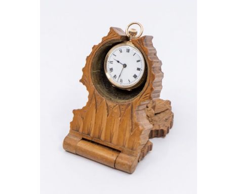 An early 20th century 9ct gold open faced ladies pocket watch, white enamel dial, numeral hour markers, feather and floral en