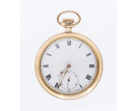 An early 20th century open faced yellow metal pocket watch, comprising a white enamel dial with numeral markers, subsidiary d