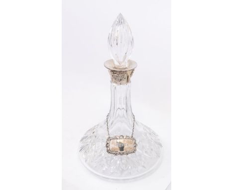 A Modern silver mounted cut glass ship's decanter and stopper, the collar chased with bunches of grapes, hallmarked by&nbsp;W