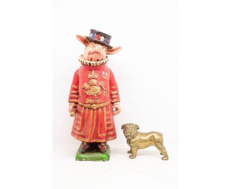 A modern composite resin 'Beefeater' Pig model wearing the VR crest to front and modelled medals on breast plate, with hat, a