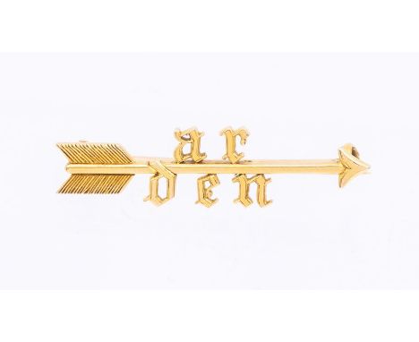 A gold arrow brooch, with initials AR DEN, length approx 38mm, unmarked assessed as 15ct gold, C clasp and later pin, total g