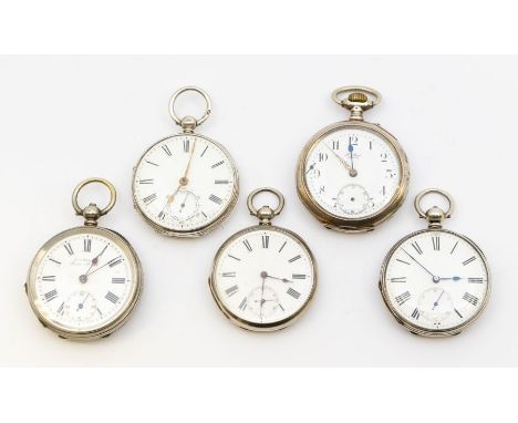A collection of  Victorian and later silver and silver 800 pocket watches, all with enamel dials, including four with Roman n