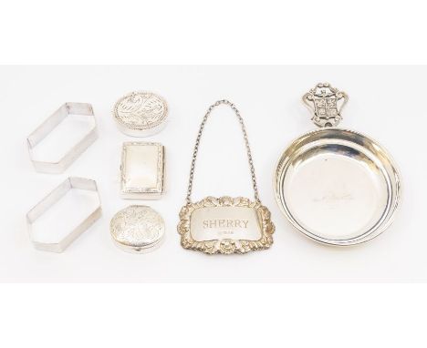 A collection of silver to include; An Italian 800 standard silver Taste Du Vin, marked Sandora Treviso, with crest to handle 