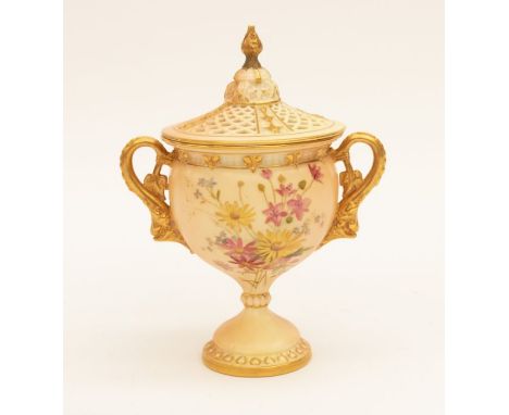 A Royal Worcester covered pot-pourri vase, dated 1903, with pierced outer cover and plain inner cover, the balustered body ap