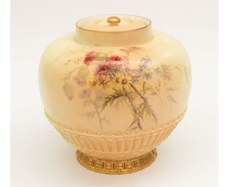A Royal Worcester rose jar with cover, dated 1894 with printed and painted with flowers on a shaded blush ivory ground, gilde