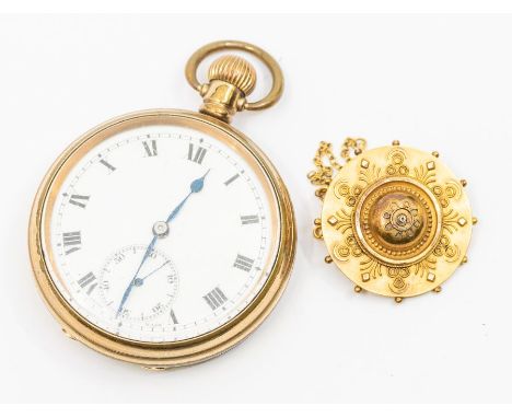 A Victorian 15ct gold mourning brooch, circular form with applied cannetille and bead decoration, domed centre, diameter appr