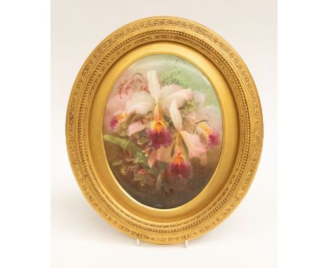 A hand painted porcelain plaque with floral decoration and gilt oval frame, signed D. Dewsbury lower right. Possibly Royal Wo
