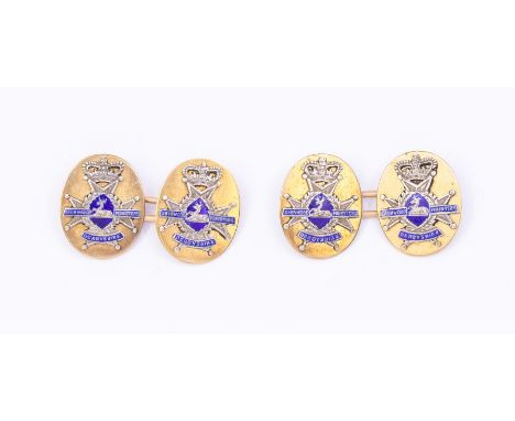 A pair of silver gilt and enamel Sherwood Foresters Derbyshire oval cufflinksFurther details: wear and tear commensurate with