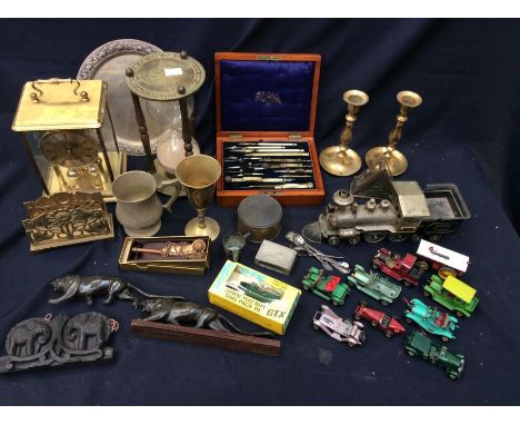 An early 20th century mahogany cased architectural instruments, together with mid-20th century clock, brass and plates wares,