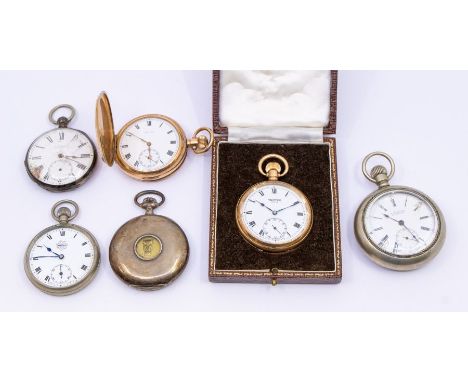 A collection of pocket watches to include a gold plated Vertex open faced pocket watch comprising a white enamel dial with nu