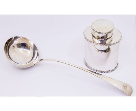 A Sheffield plate oval tea cannister with added ribbed edges, approx. 13.5cm high, along with a long silver plated ladle, mon