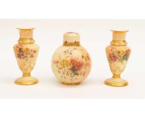 A Royal Worcester globular pot-pourri with cover, painted with flowers on blush ivory ground, printed mark, 1039 and registra