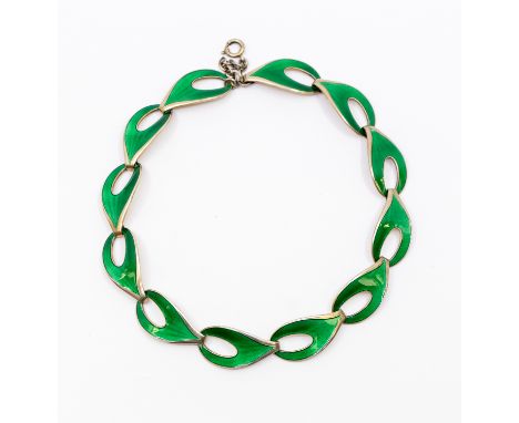 Ivar t Holth- a Modernist silver and guilloche enamel necklace comprising green guilloche enamel organic open links each appr