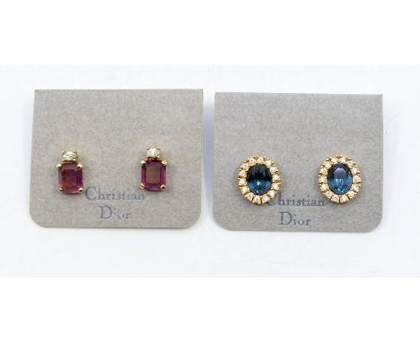 Christian Dior- two pairs of vintage paste set earrings - comprising a pair with rectangular purple stones the other with blu