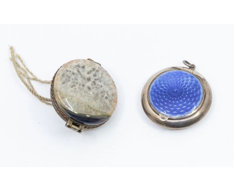 A George V silver and blue guilloche enamel pendant mirror compact, complete with mirror and puff, diameter approx&nbsp; 40mm
