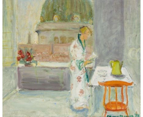 Hanne UssingKünstlerin des 20. Jahrhunderts - Lesende Frau am Esstisch - Öl/Lwd. auf Karton. 61 x 72 cm. Etwas undeutl. sign.