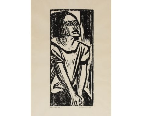 Hans Jüchser1894 Chemnitz - 1977 Dresden - Junge Frau mit ausgestreckten Händen - Holzschnitt/Papier. Handdruck 5. 49 x 22,2 