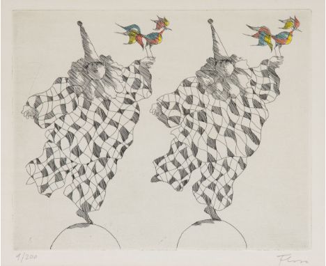 Paul Flora1922 Glurns - 2009 Innsbruck - "Harlekine mit Ziervögeln" - Handkolorierte Radierung/Papier. 9/200. 19,8 x 24,7 cm,
