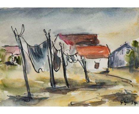 Georg Gelbke1882 Rochlitz/Sachsen - 1947 Dresden - Wäsche auf der Leine - Aquarell/Papier. 10,5 x 14,8 cm. Monogr. und dat. r