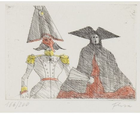Paul Flora1922 Glurns - 2009 Innsbruck - "Carnevale" - Handkolorierte Radierung/Papier. 166/200. 8 x 10,8 cm, 26,5 x 29,6 cm.