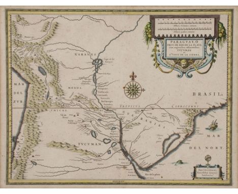 Johannes Janssonius1588 Arnheim - 1664 Amsterdam - Paraguay - Altkolor. Kupferstich/Papier. 37,6 x 48,2 cm, 39,4 x 50,6 cm (P