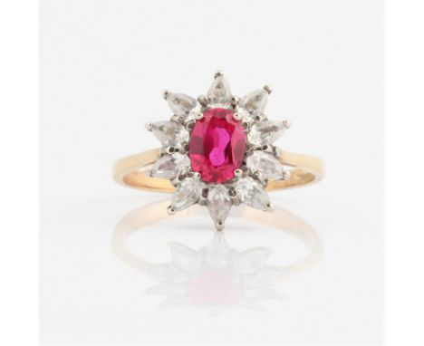 A hallmarked 9ct yellow gold synthetic ruby and colourless stone cluster ring, ring size P½, weight approx. 2.9g. IMPORTANT: 