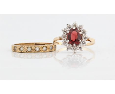 A hallmarked 9ct yellow gold garnet and colourless cubic zirconia cluster ring, ring size P½, together with a hallmarked 9ct 