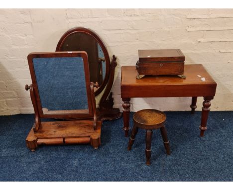Two mahogany Victorian swing mirrors, together with a rosewood brass inlaid box, small farmhouse style milking stool and a ma