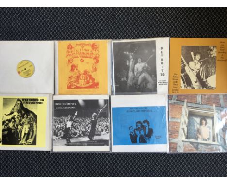 Eight Rolling Stones vinyl records, some white label, Old Gray Whistle Test, London Marquee Club, Detroit 75, Earls Court May