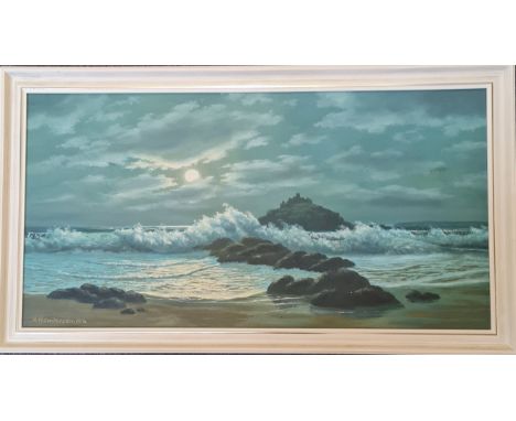 DEBORAH JONES. Framed, signed oil on canvas, seascape at dusk, 44cm x 89.5cm, together with N. HENDERSON. Framed, signed oil 