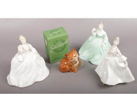 Three Coalport lady ceramic figures to include Samantha, Justine and Gwen along with a box Beswick figure of a cat.  