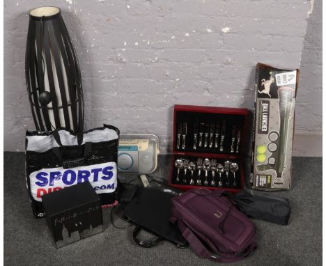 A quantity of miscellaneous to include friends box set, radio, floor standing lamp, canteen of cutlery etc.  